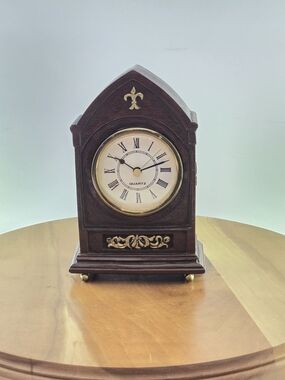 Miniature Gothic Steeple Desk Clock - Quartz Faux Wood Resin Church Clock Tested